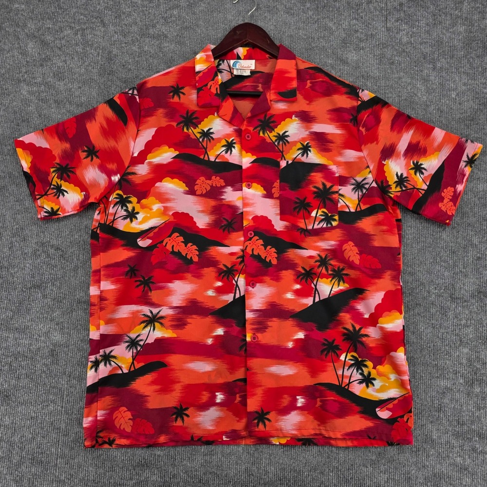 Islander Mens XL Hawaiian Shirt Red Orange Sunset Palm Tree Tropical USA 6602K